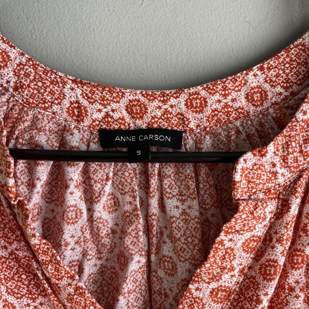 Anne Carson 3/4 Sleeve Blouse Top Women's Size S Orange White Floral V-Neck - Picture 3 of 6